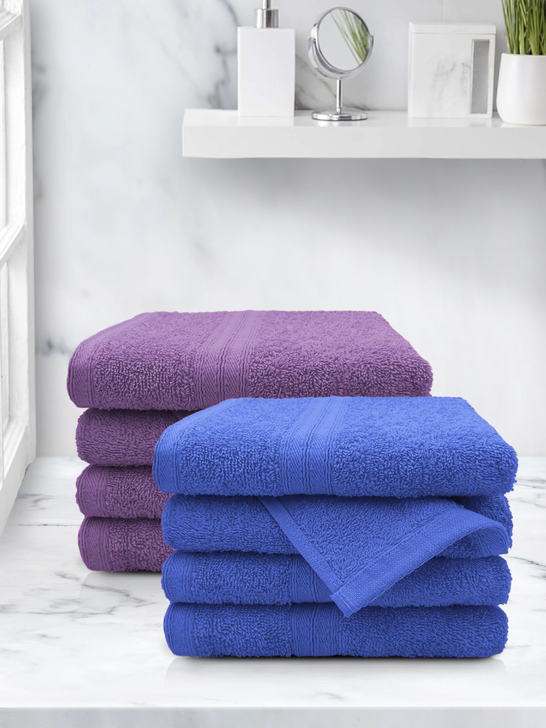 Aura Blue & Purple Set Of 8 Solid 500 GSM Cotton Hand Towels Price in India
