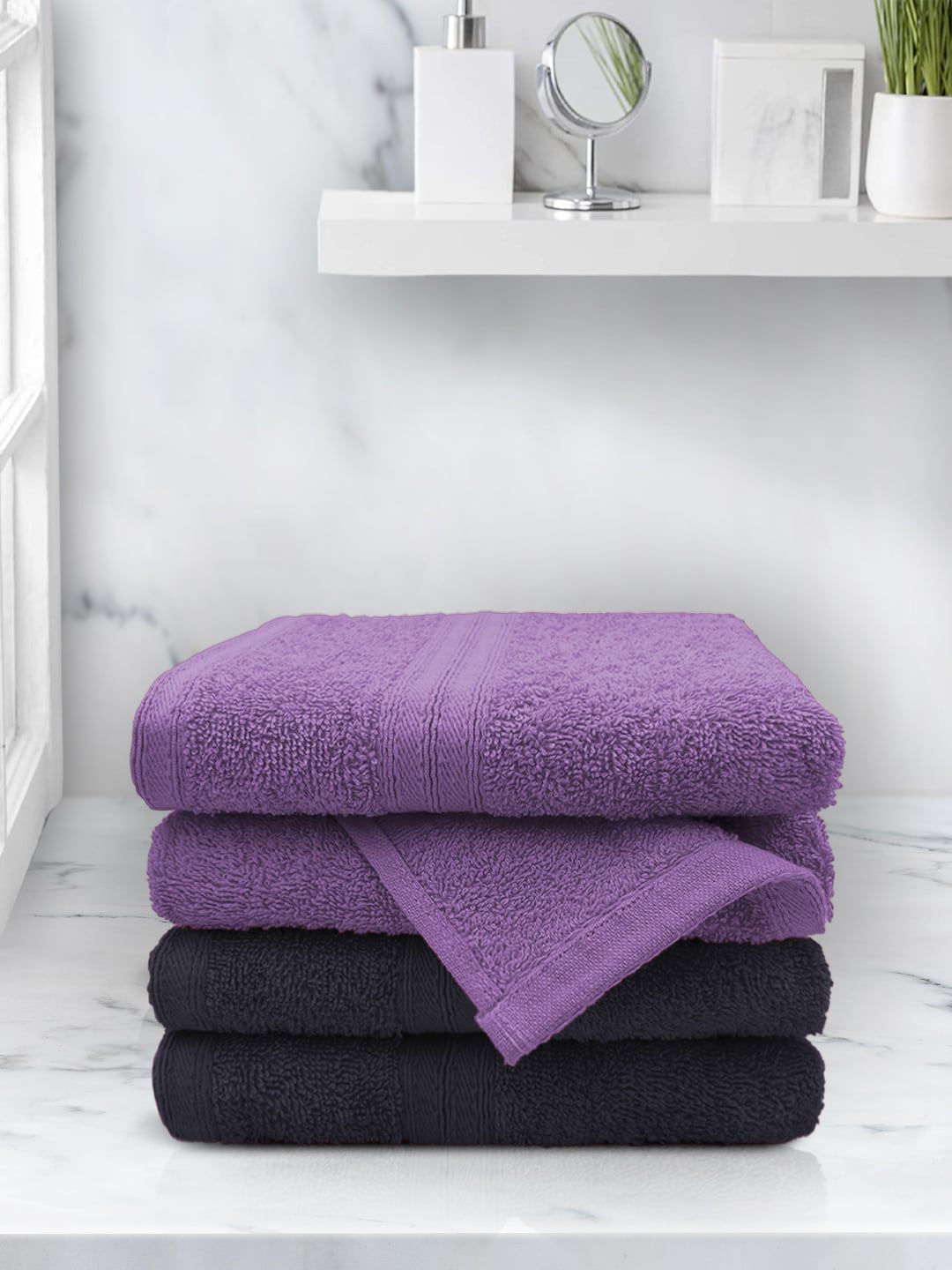 Aura Navy Blue & Purple Set Of 4 Solid 500 GSM Cotton Hand Towels Price in India