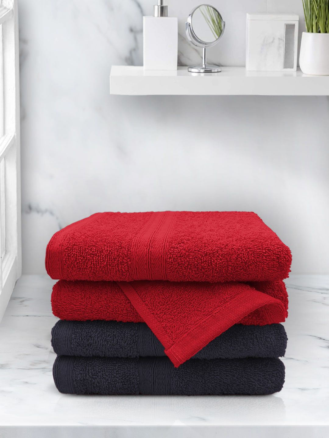 Aura Red &  Navy Blue Set Of 4 Solid 500 GSM Cotton Hand Towels Price in India