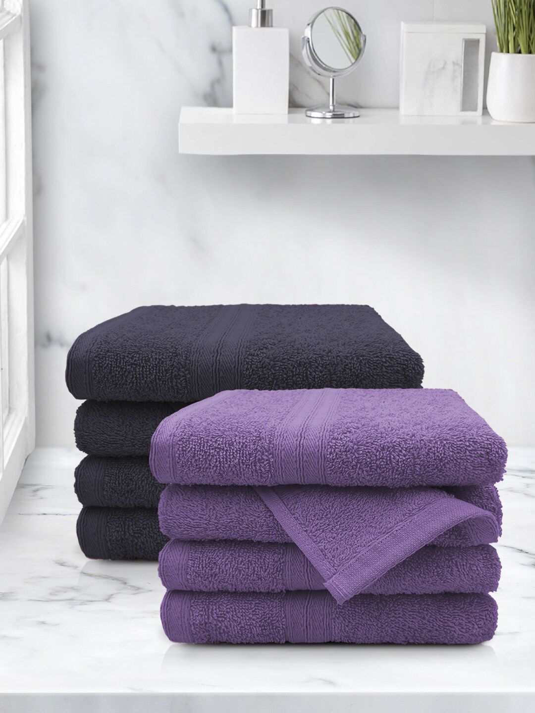 Aura Navy Blue & Purple Set Of 8 Solid 500 GSM Cotton Hand Towels Price in India