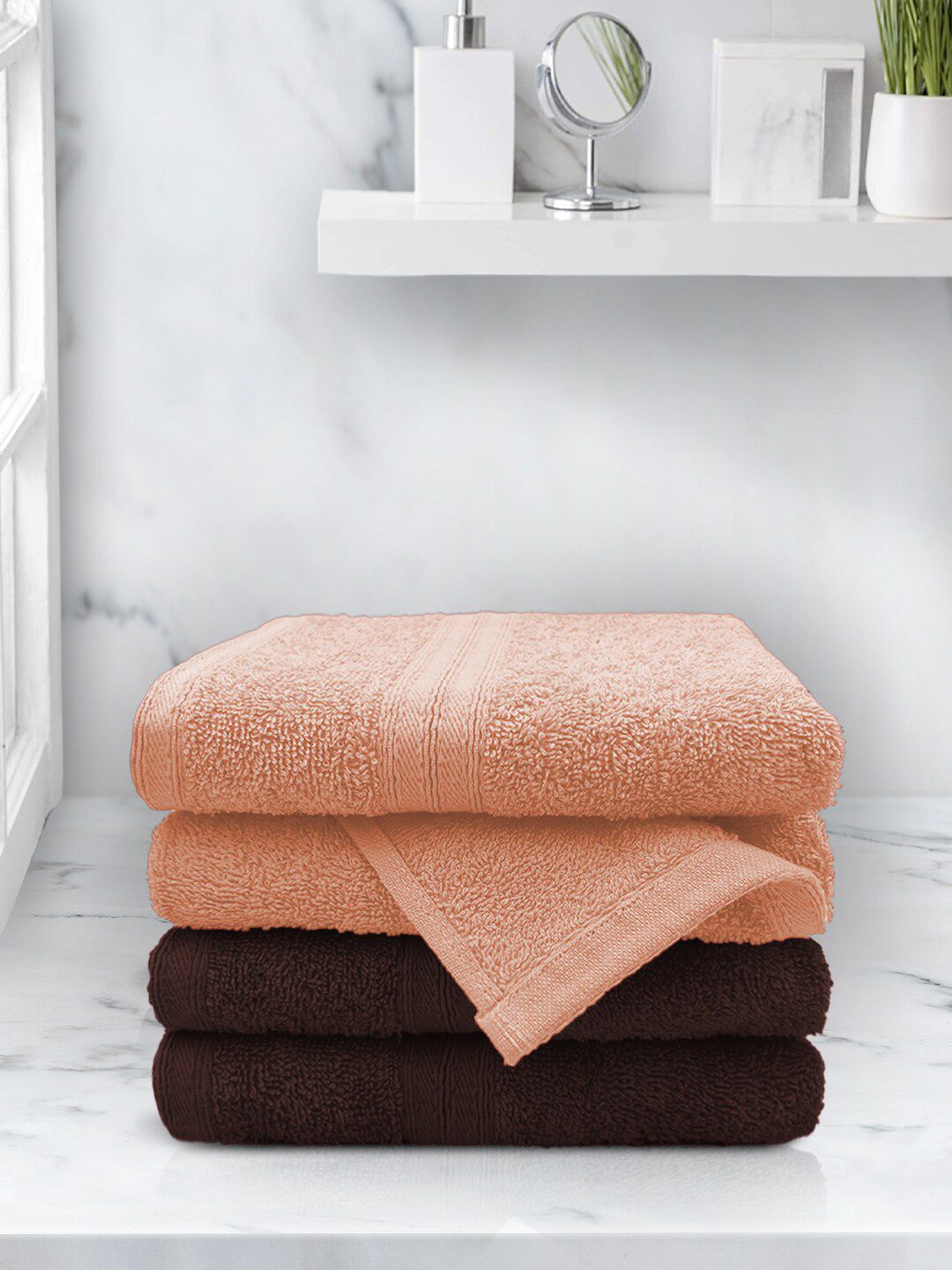 Aura Brown & Peach-Coloured Set Of 4 Solid 500 GSM Cotton Hand Towels Price in India