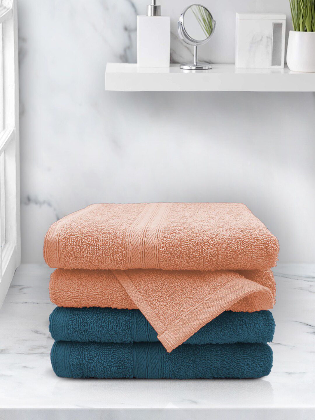 Aura Peach-Coloured & Teal Blue Set Of 4 Solid 500 GSM Cotton Hand Towels Price in India