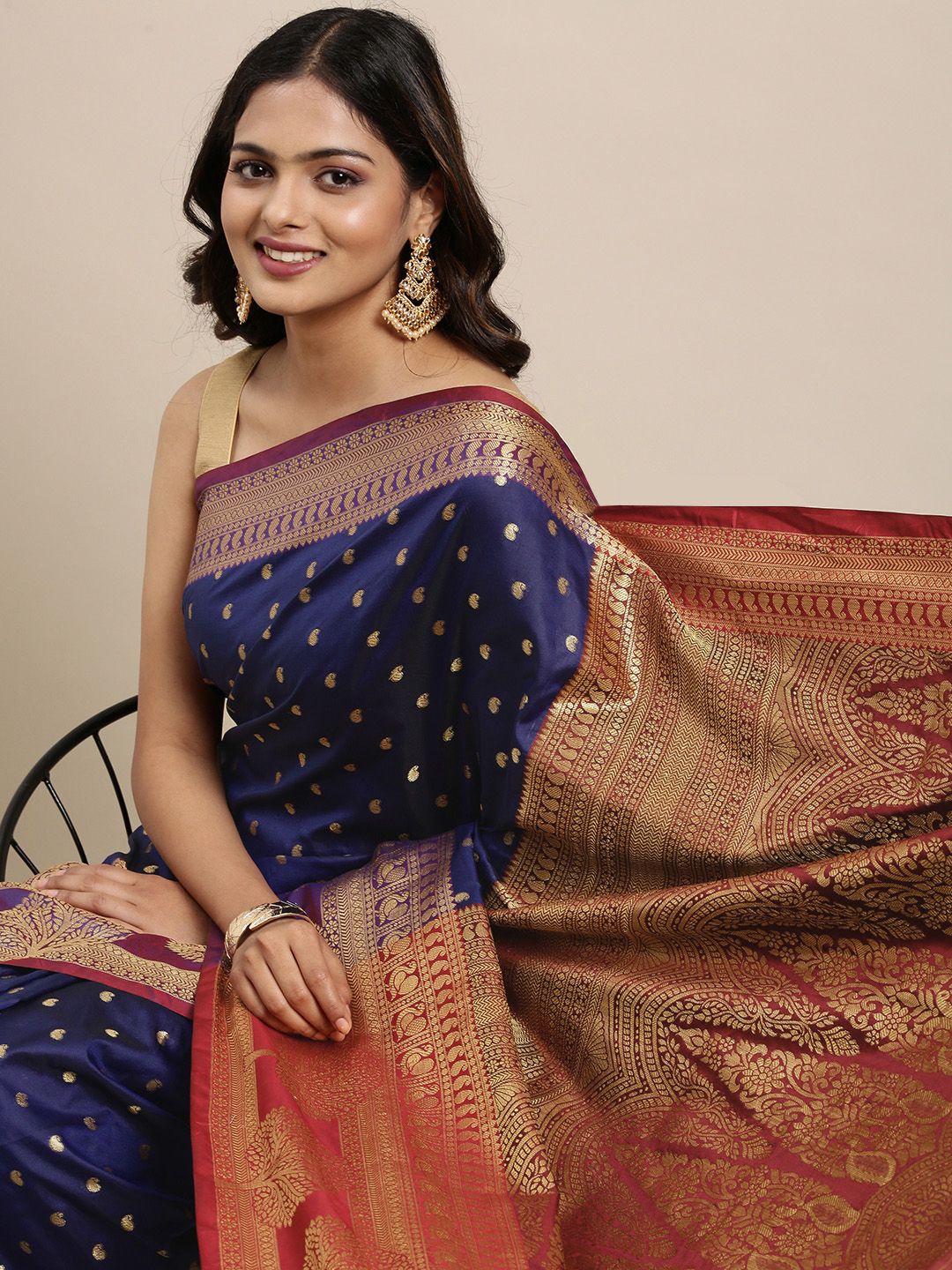 Mitera Blue & Golden Woven Design Zari Silk Cotton Banarasi Saree Price in India