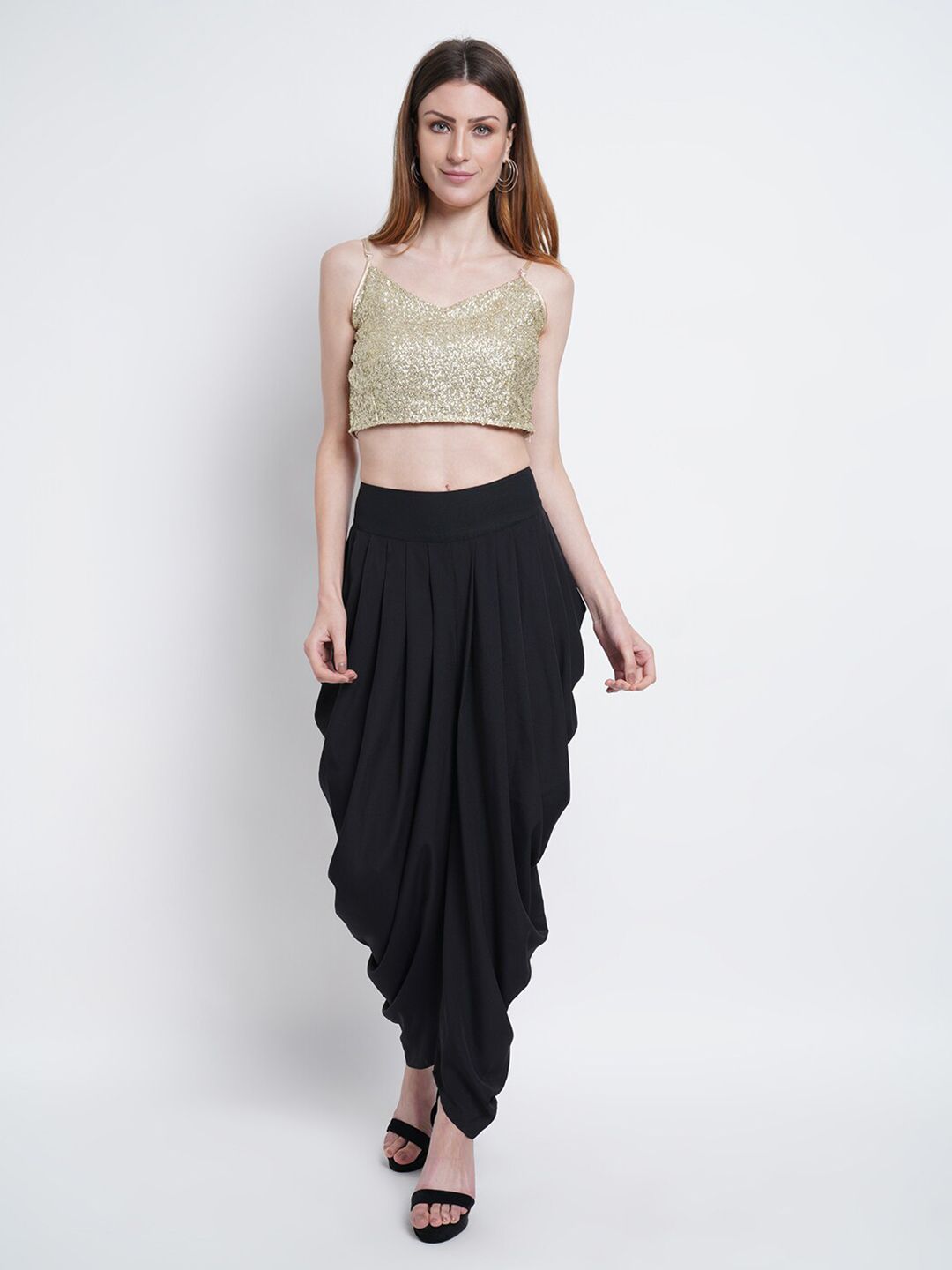 Purple State Women Gold-Toned & Black Sequenced Detail Crop Top with Dhoti Pants Price in India