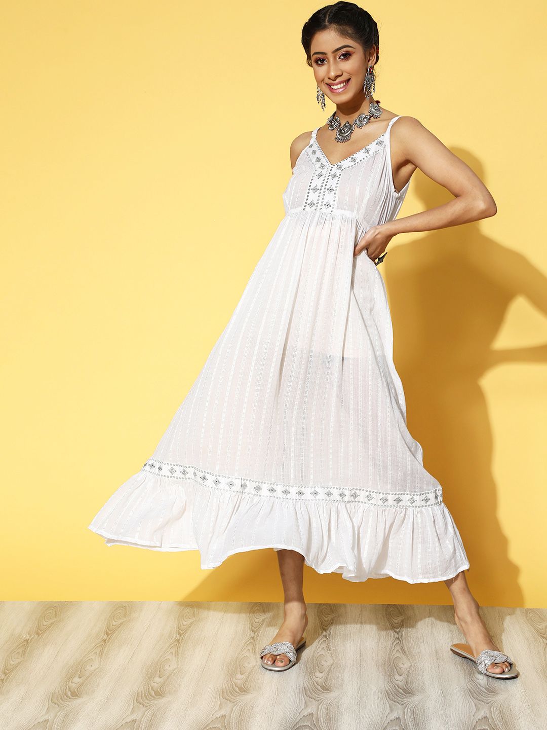 DIVYANK Women Off-White Self-Design Flounce Hemline Dress Price in India