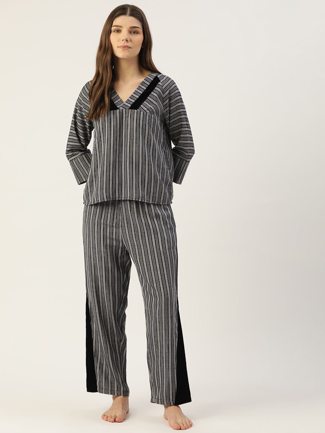 LILL Women Grey & Black Cotton Striped Pyjamas Set Price in India