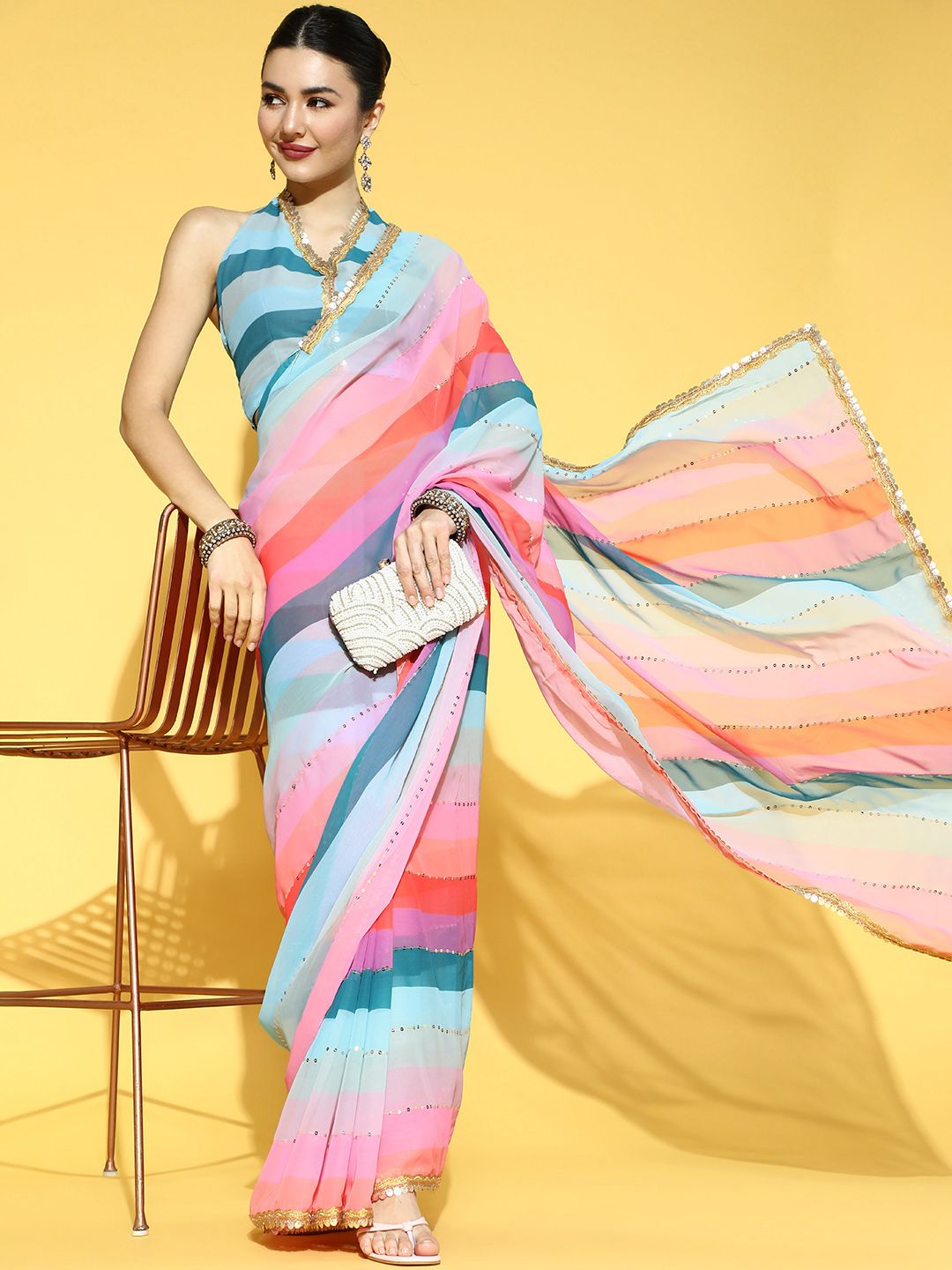 Mitera Striped Saree with Embellished Border Price in India