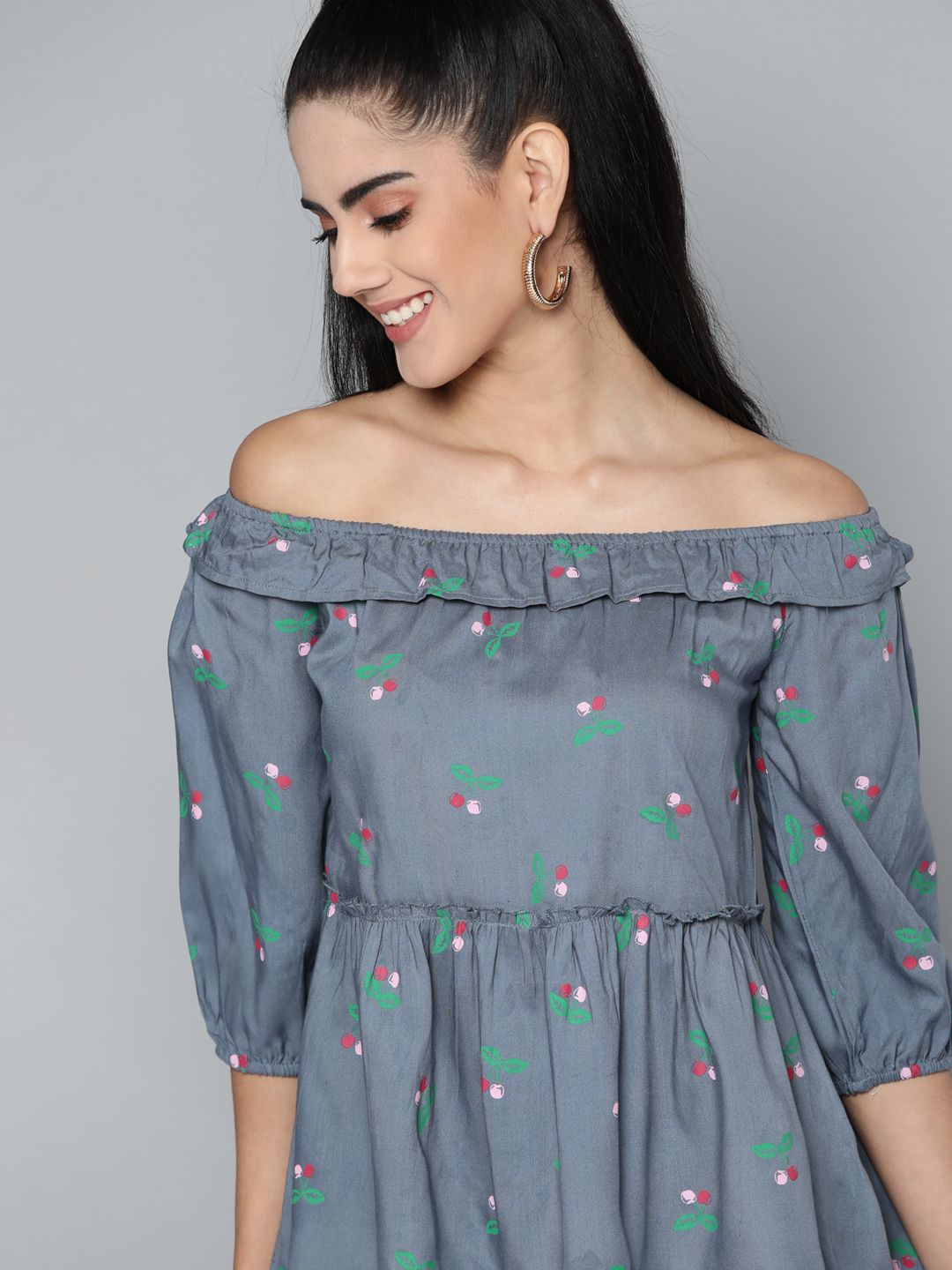 HERE&NOW Blue Floral Print Off-Shoulder Ruffles Top