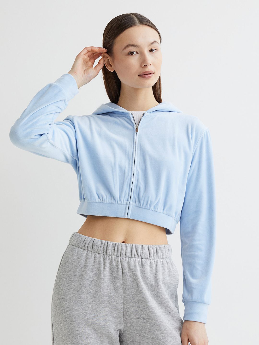 H&M Woman Blue Cropped velour zip-though hoodie Price in India