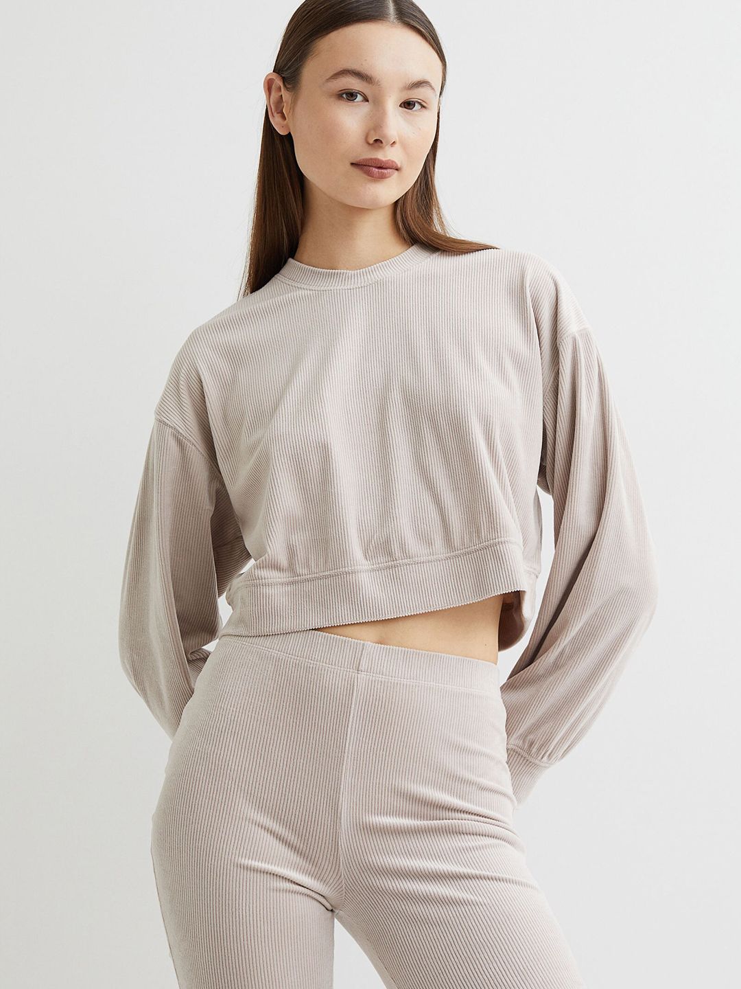 H&M Women Grey Cropped ribbed velour top Price in India