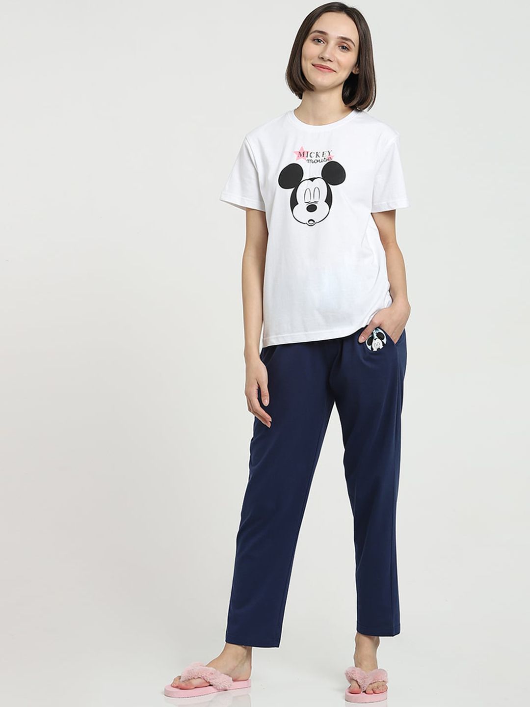 Bewakoof Women White Printed Mickey Mouse Night Suit Price in India