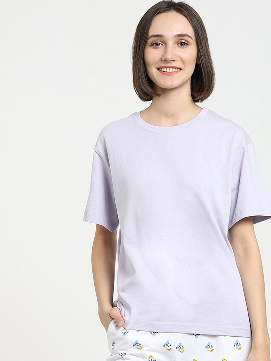 Bewakoof Women Lavender Drop-Shoulder Sleeves Cotton Lounge T-shirt Price in India
