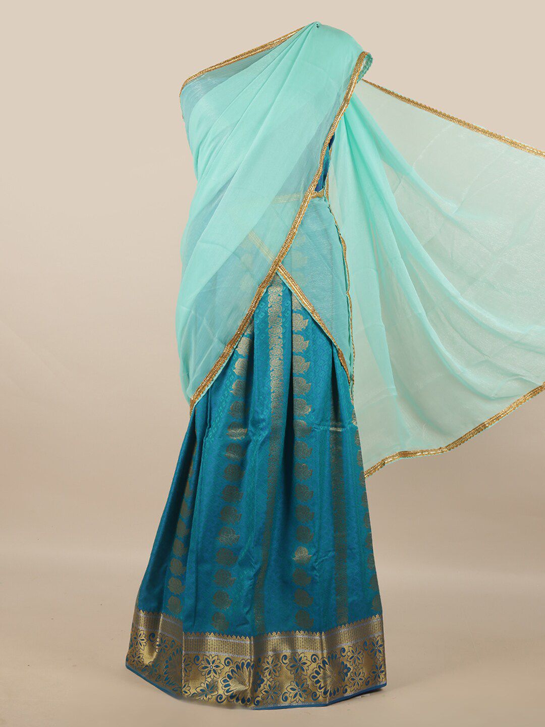 Pothys Turquoise Blue & Teal Unstitched Lehenga & Blouse With Dupatta Price in India