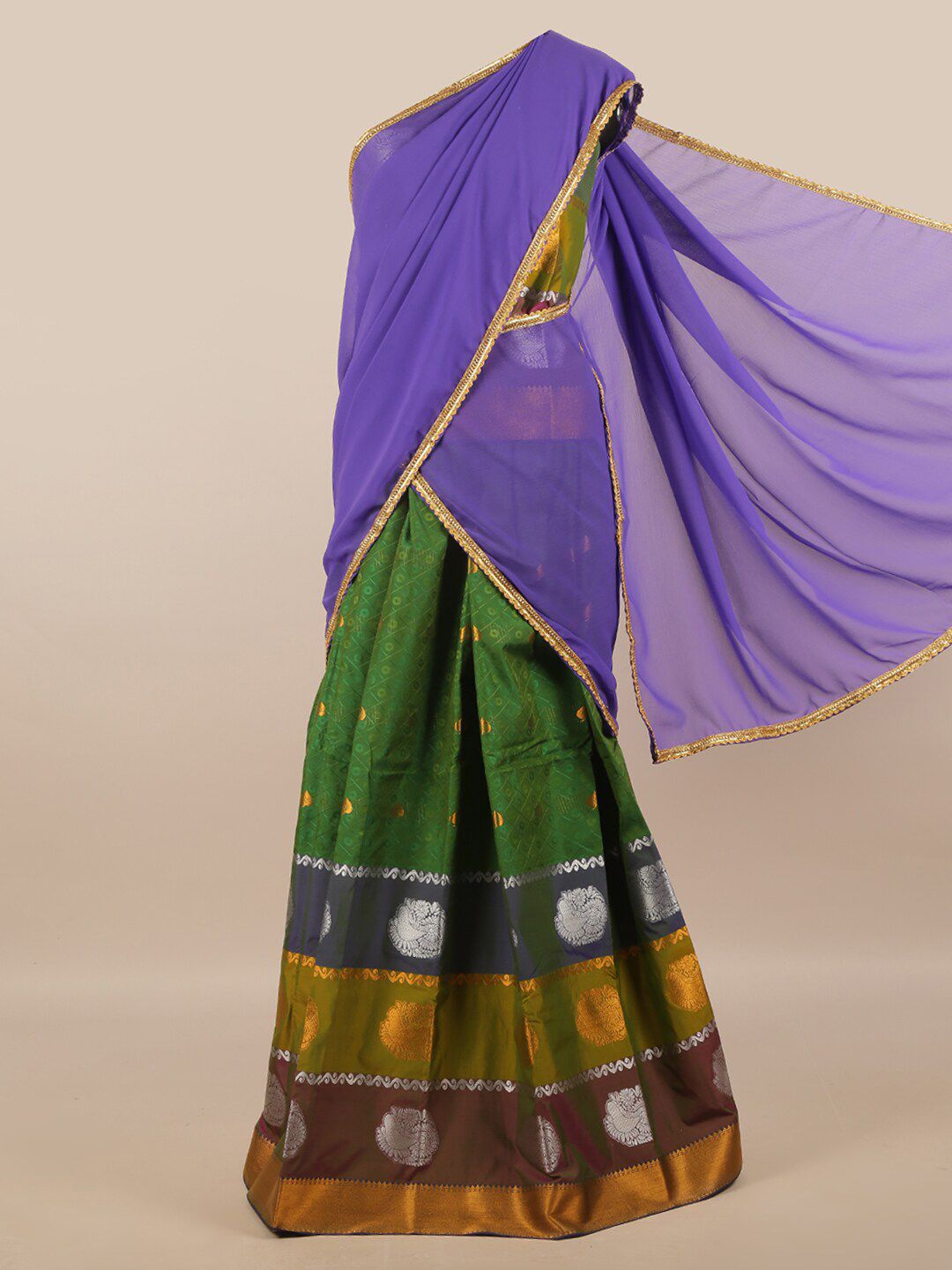 Pothys Purple & Green Unstitched Lehenga & Blouse With Dupatta Price in India