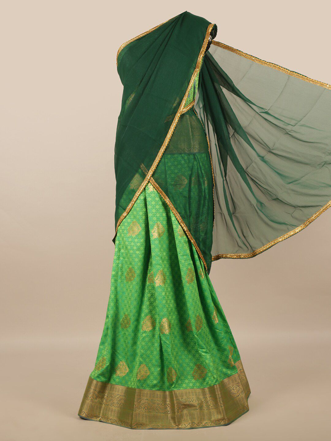 Pothys Green & Gold-Toned Unstitched Skirt & Blouse With Dhavani Price in India