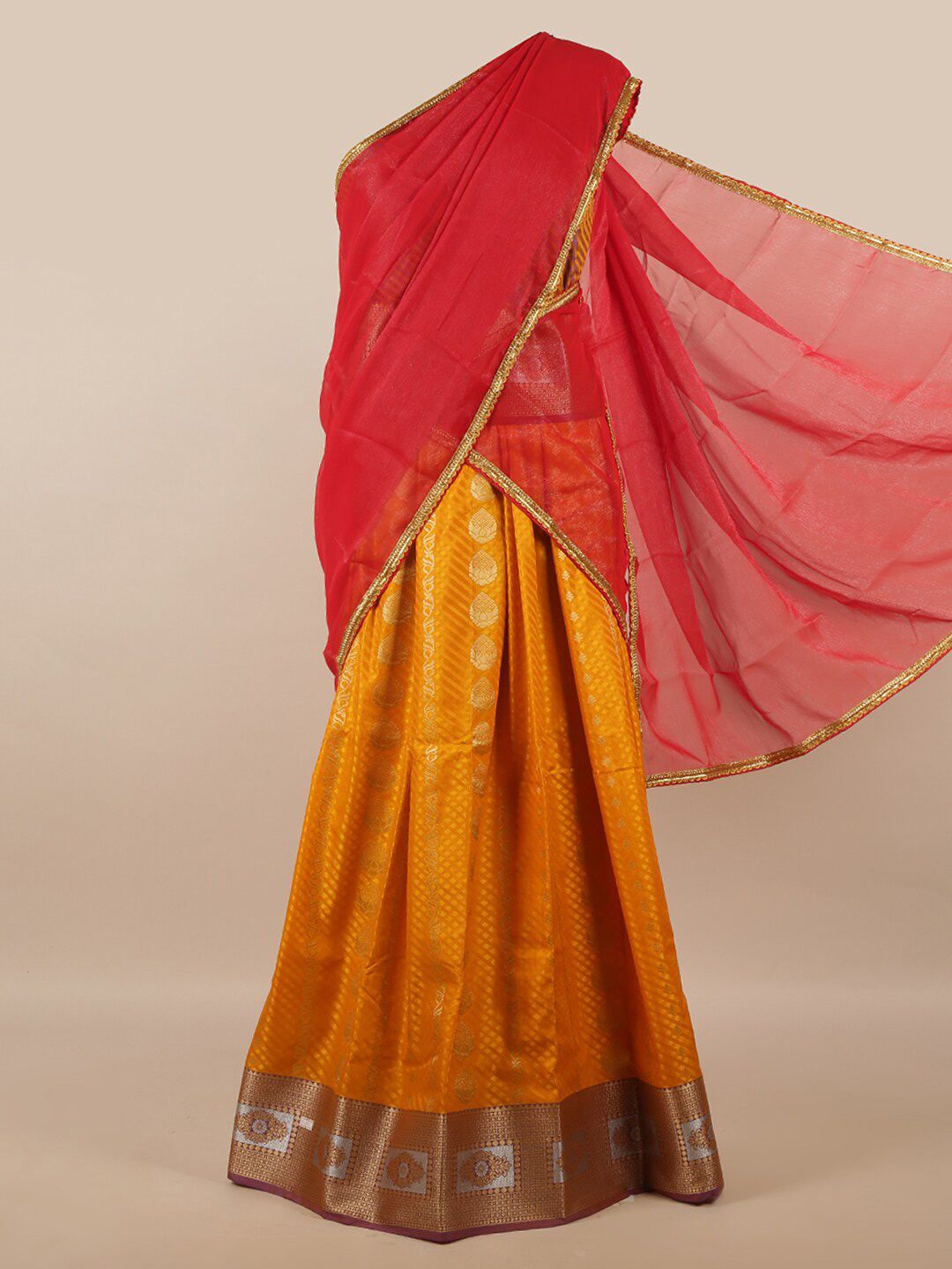 Pothys Red & Yellow Unstitched Lehenga & Blouse With Dupatta Price in India