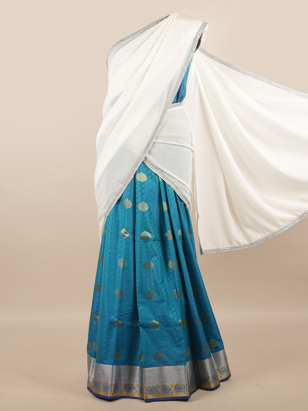 Pothys White & Blue Unstitched Lehenga & Blouse With Dupatta Price in India