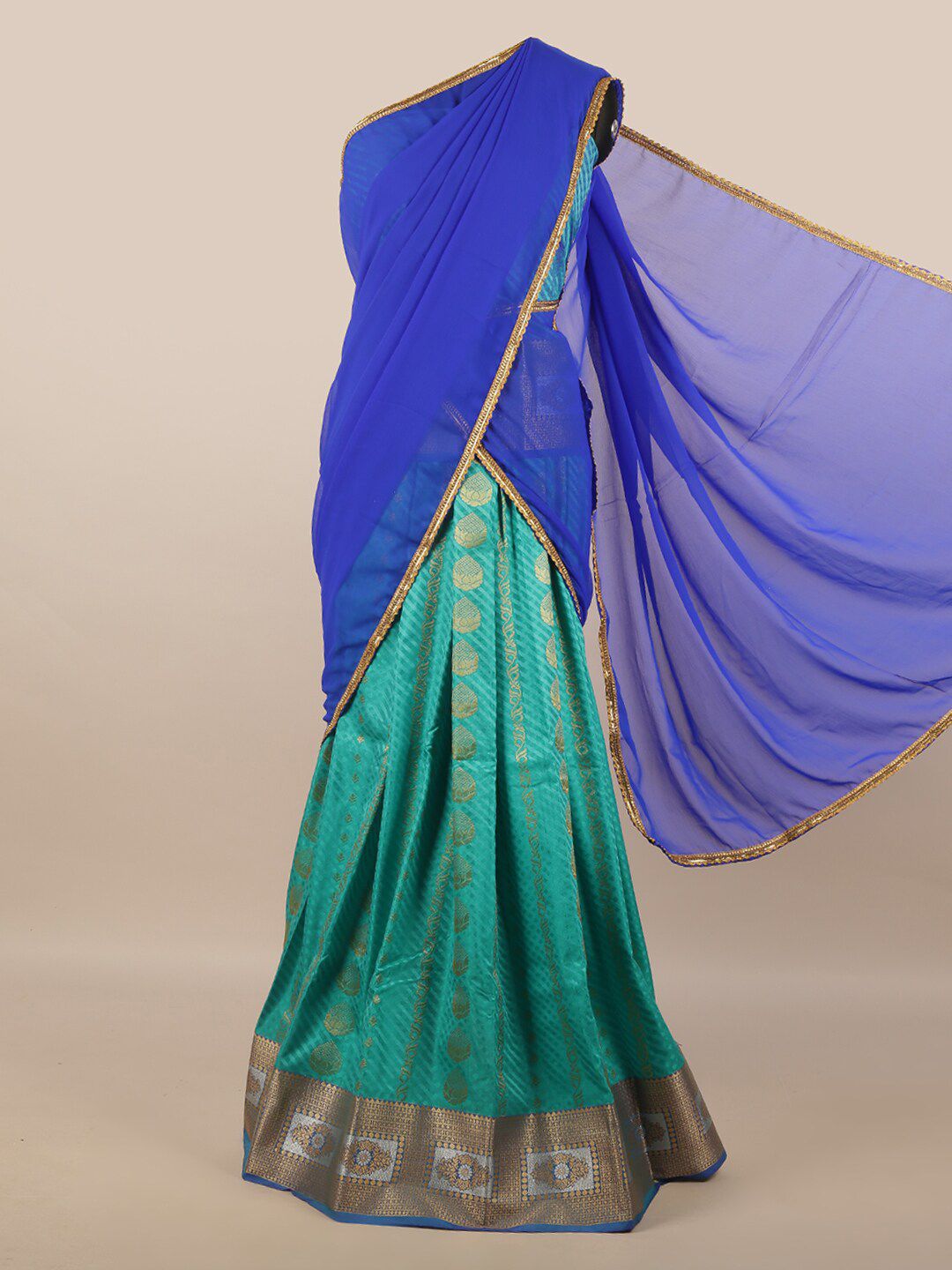 Pothys Blue & Gold-Toned Unstitched Lehenga & Blouse With Dupatta Price in India