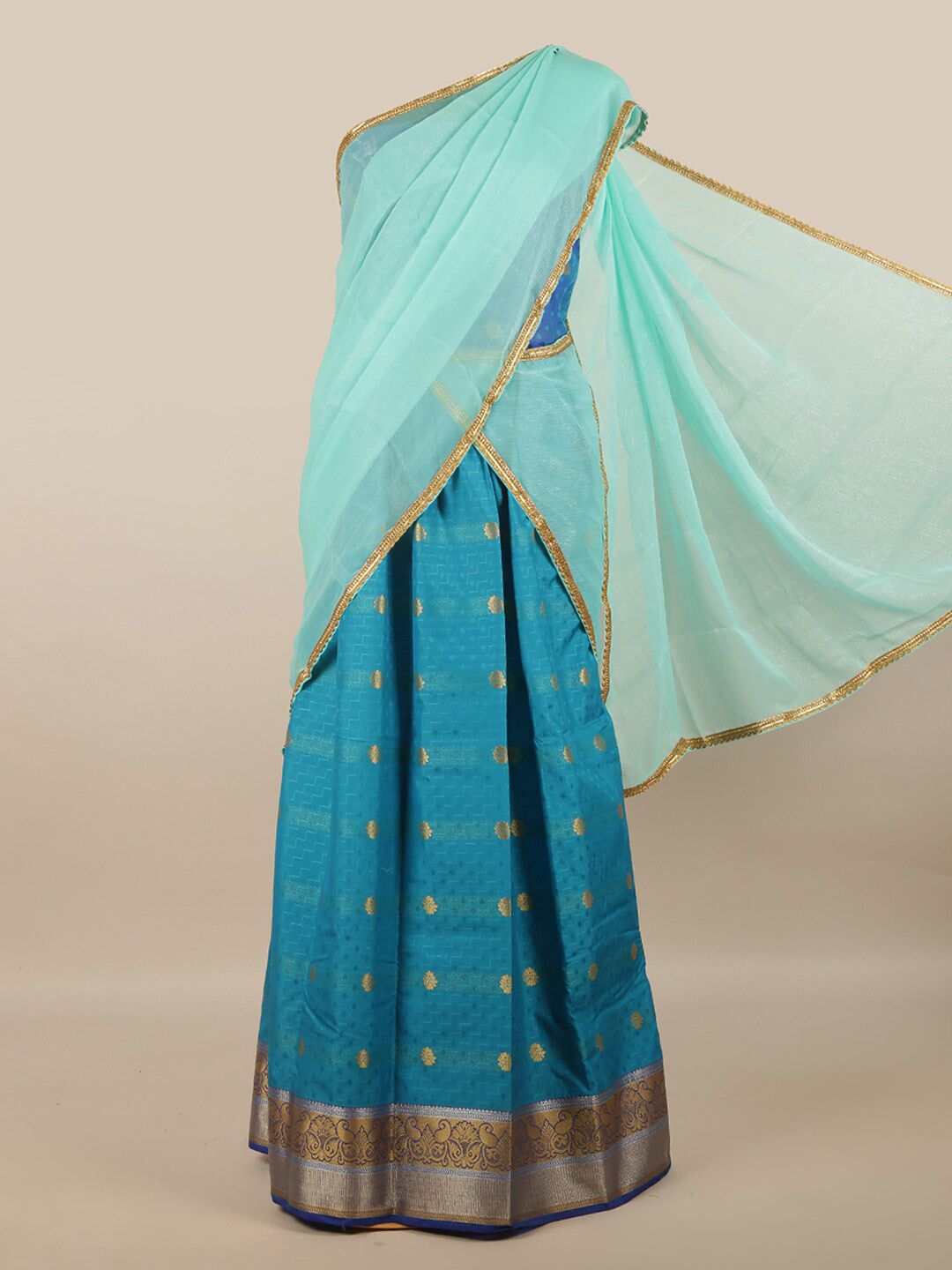 Pothys Turquoise Blue & Gold-Toned Unstitched Lehenga & Blouse With Dupatta Price in India