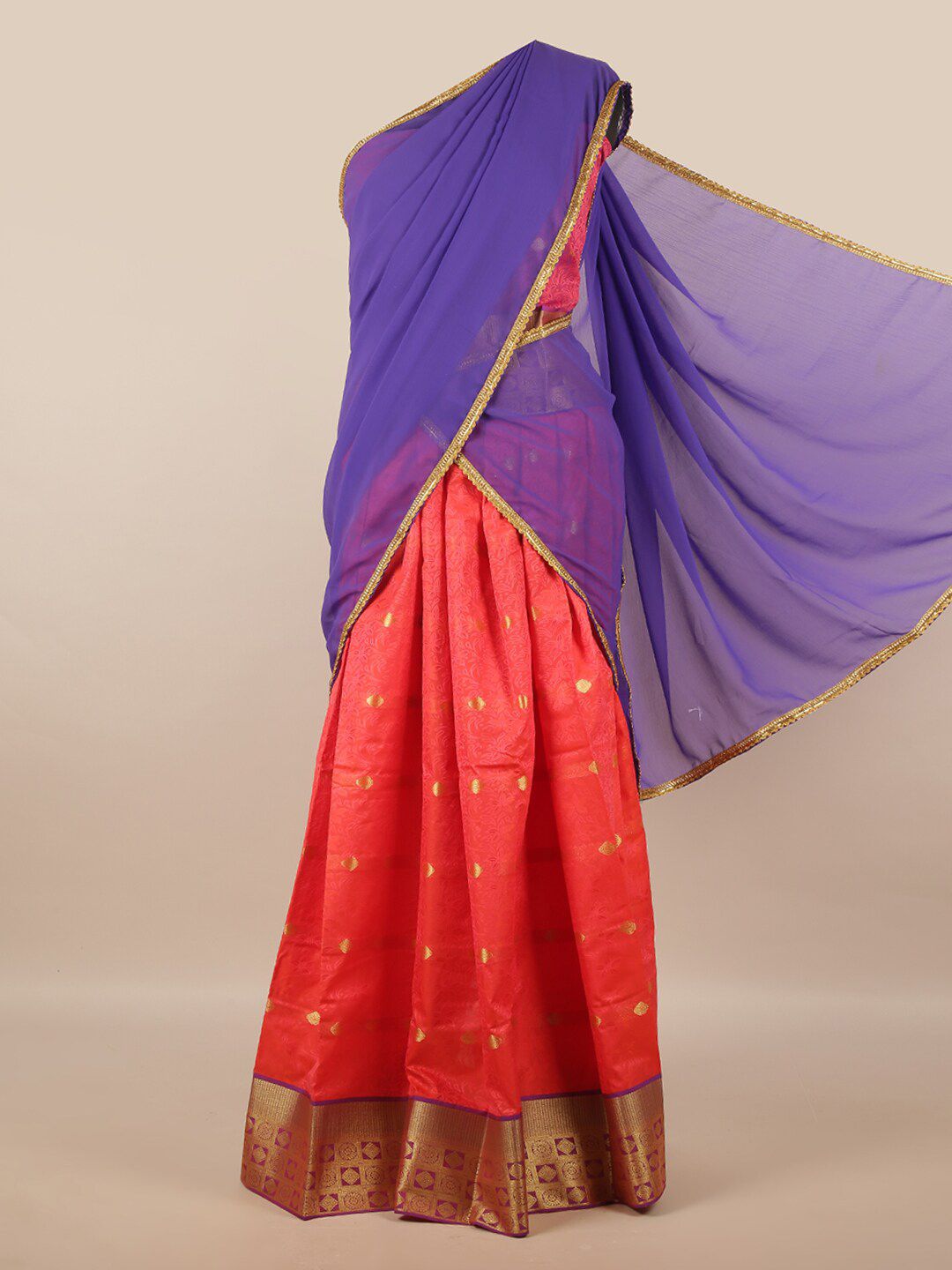 Pothys Lavender & Peach-Coloured Unstitched Lehenga & Blouse With Dupatta Price in India