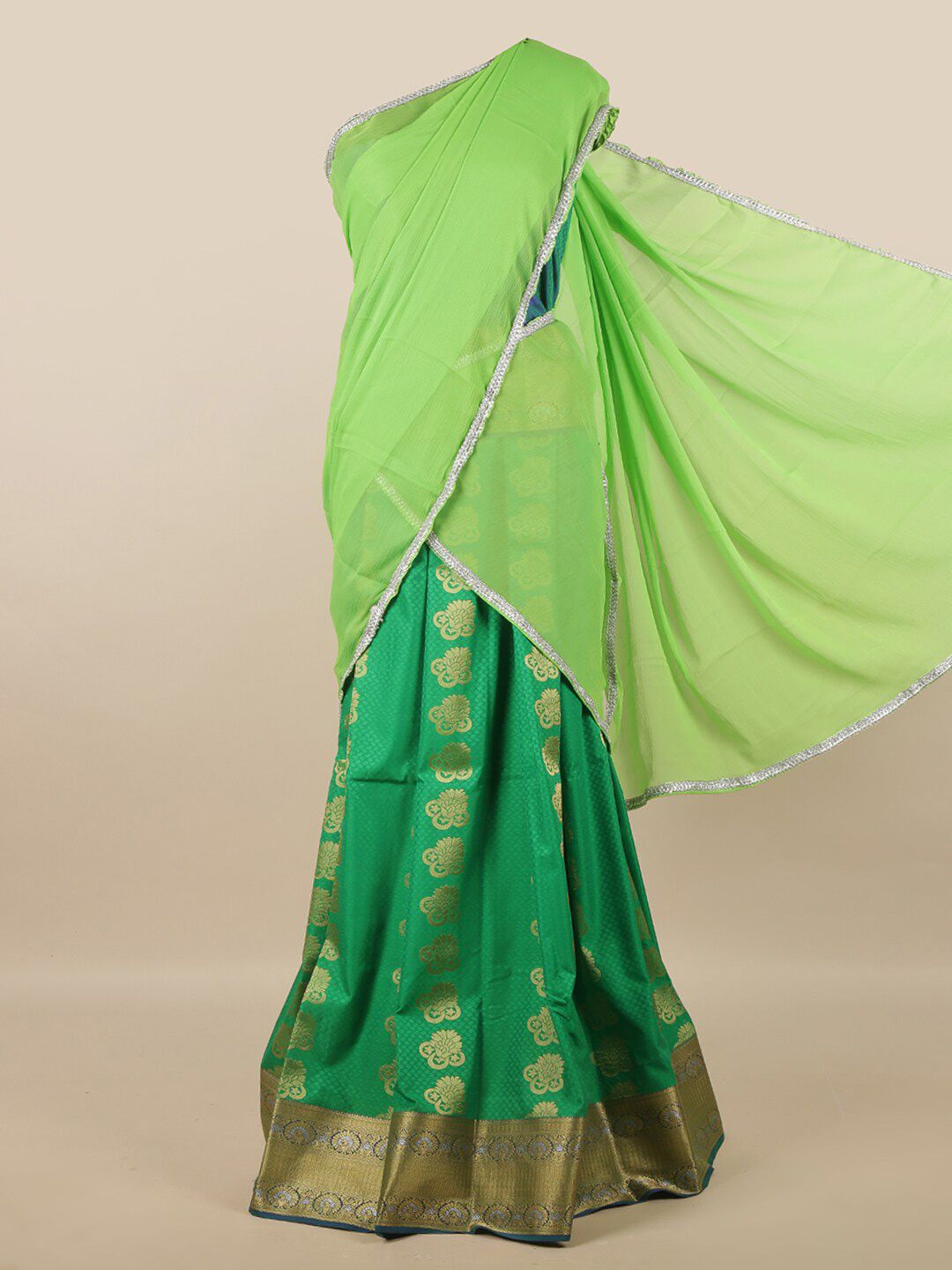 Pothys Green & Silver-Toned Unstitched Lehenga & Blouse With Dupatta Price in India