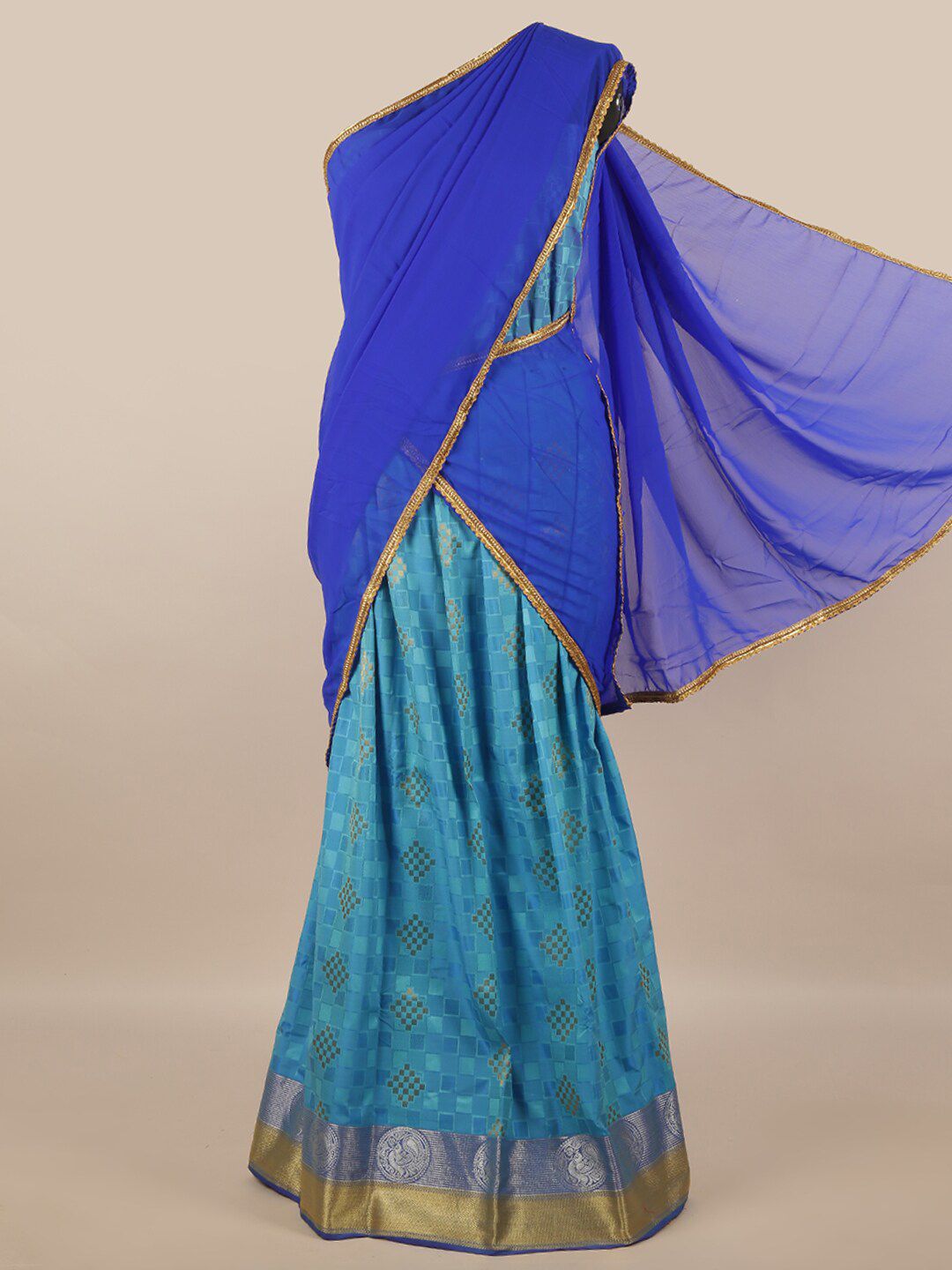 Pothys Blue & Gold-Toned Unstitched Skirt & Blouse With Dhavani Price in India