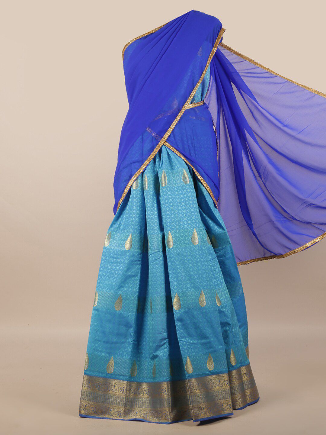 Pothys Blue & Gold-Toned Unstitched Woven Design Half Saree Price in India