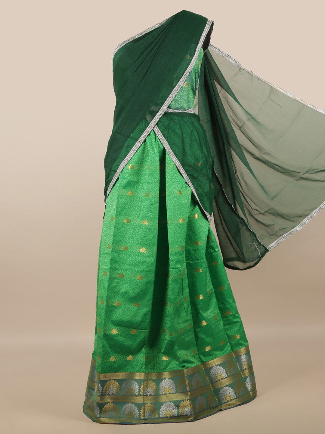 Pothys Women Green Blue Unstitched Lehenga & Blouse With Dupatta Price in India