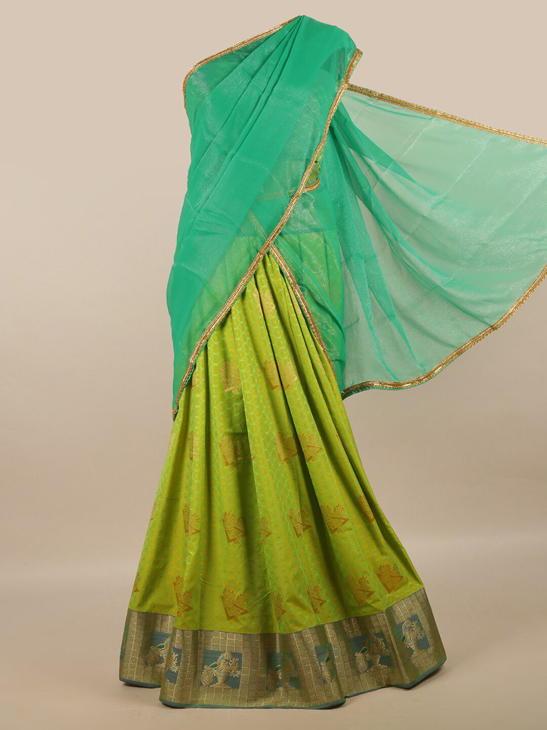 Pothys Green & Gold-Toned Unstitched Skirt & Blouse With Dhavani Price in India