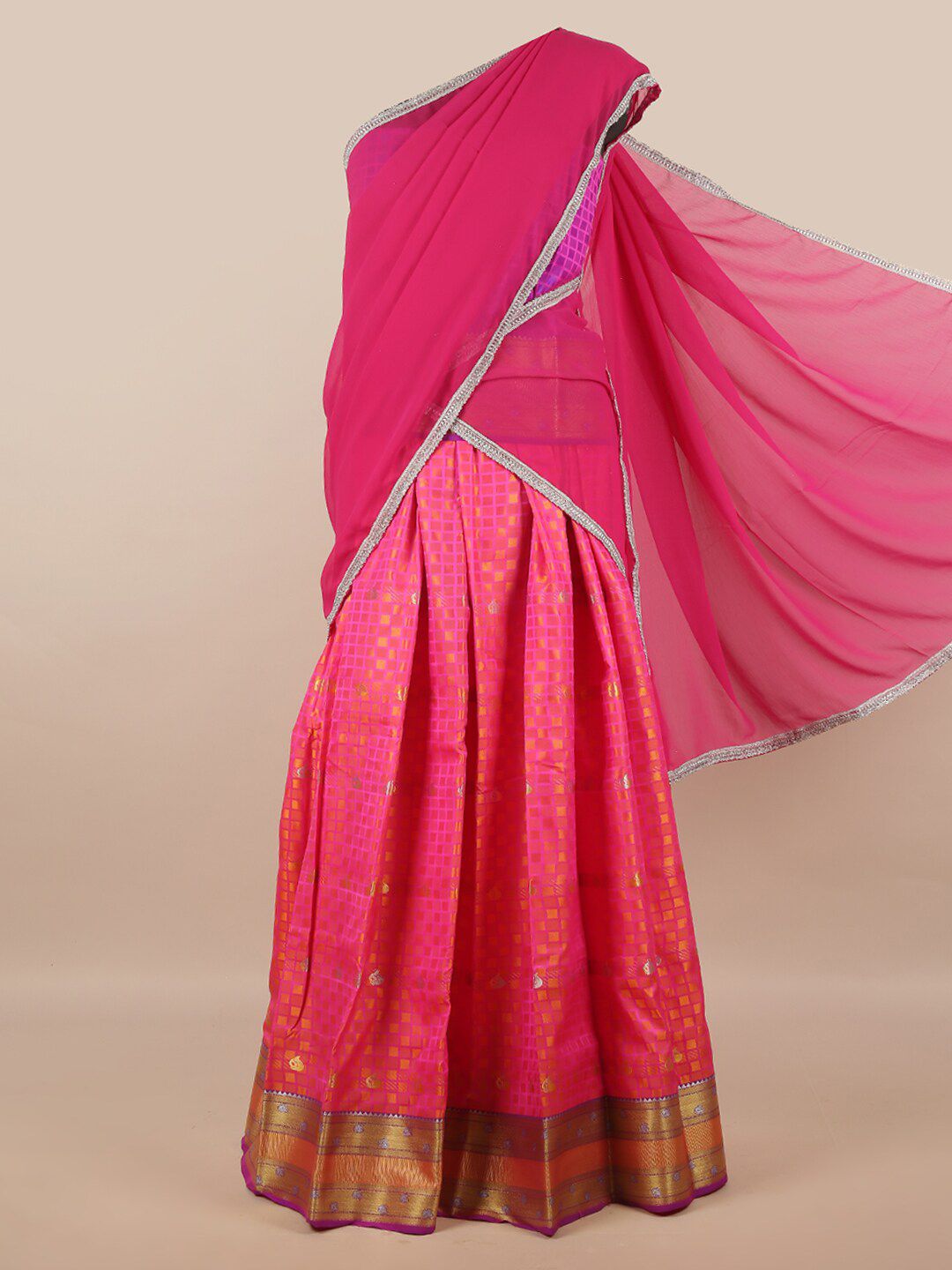 Pothys Pink & Gold-Toned Khari Print Unstitched Lehenga & Blouse With Dupatta Price in India