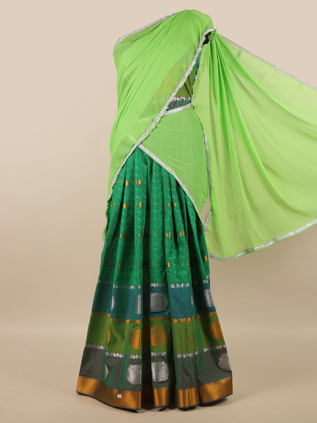 Pothys Green & Silver-Toned Unstitched Lehenga & Blouse With Dupatta Price in India