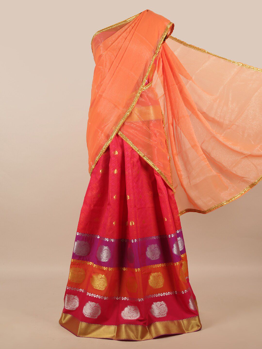 Pothys Orange & Red Unstitched Lehenga & Blouse With Dupatta Price in India