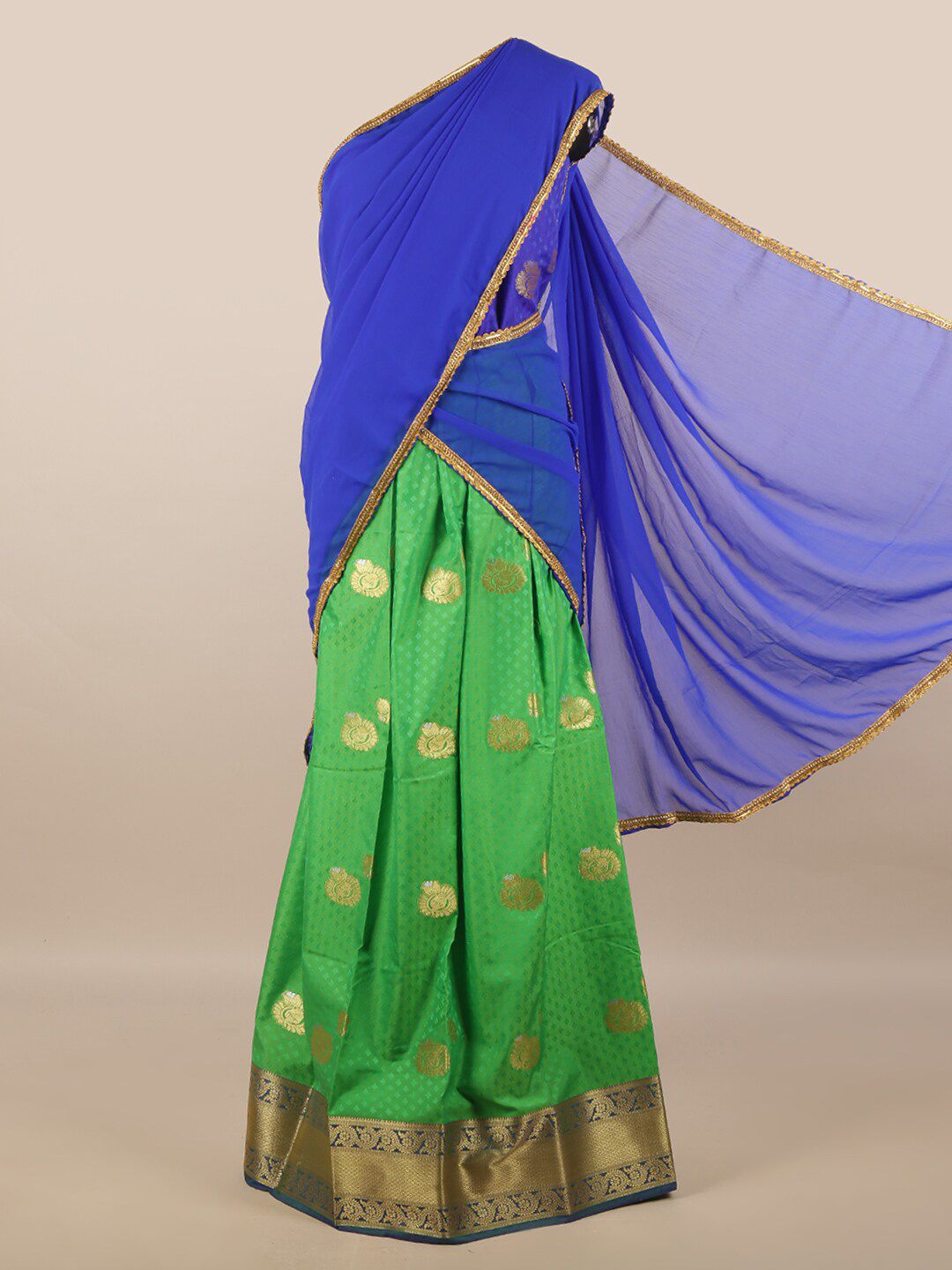 Pothys Blue & Green Unstitched Lehenga & Blouse With Dupatta Price in India