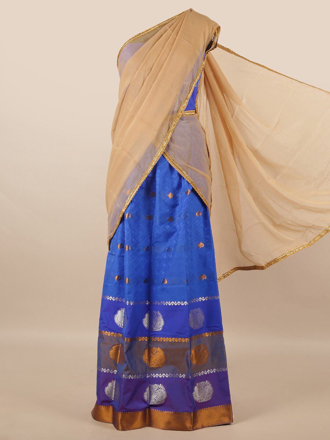 Pothys Taupe & Blue Unstitched Lehenga & Blouse With Dupatta Price in India