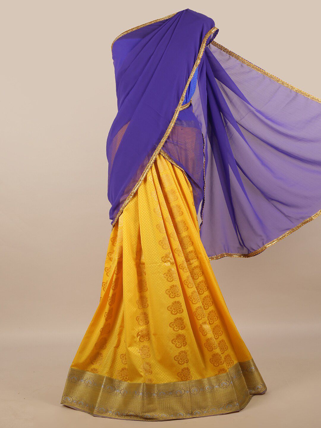 Pothys Purple & Yellow Unstitched Lehenga & Blouse With Dupatta Price in India