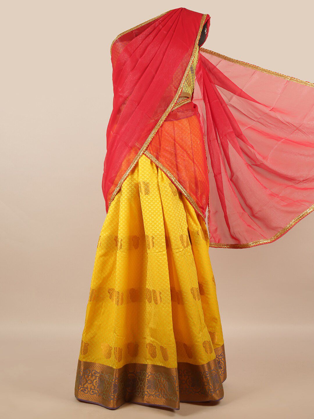 Pothys Red & Yellow Unstitched Lehenga & Blouse With Dupatta Price in India