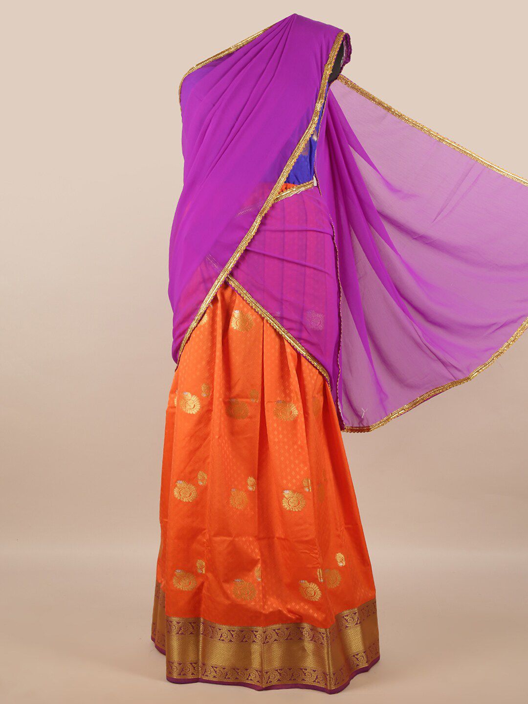 Pothys Lavender & Orange Unstitched Lehenga & Blouse With Dupatta Price in India