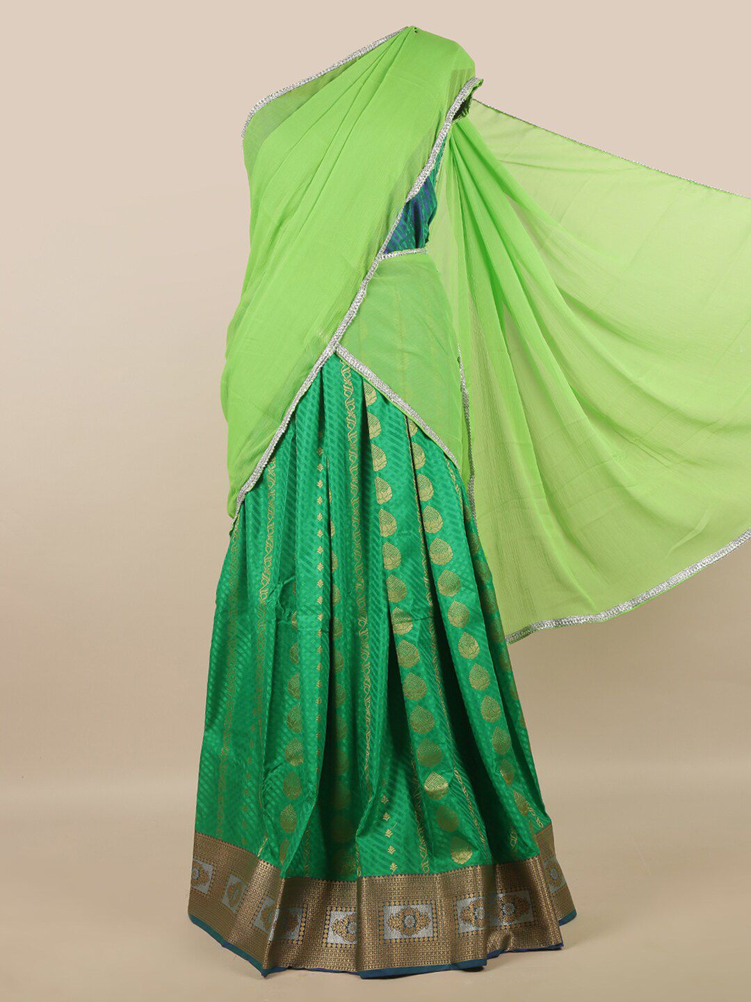 Pothys Green & Gold-Toned Unstitched Lehenga & Blouse With Dupatta Price in India