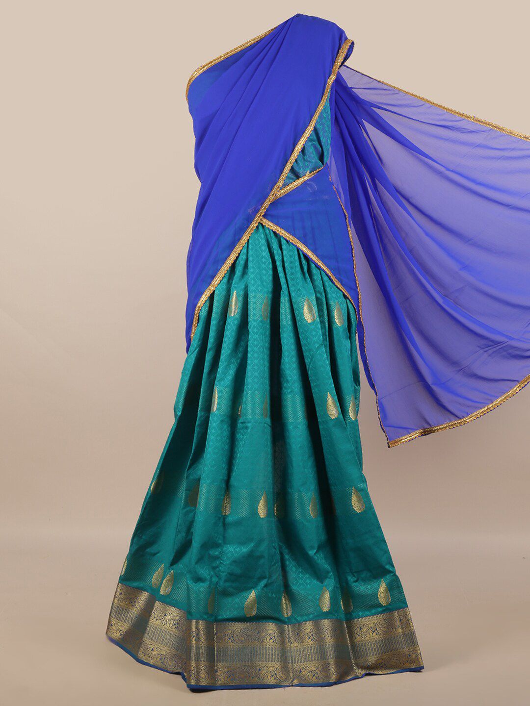 Pothys Blue & Green Unstitched Lehenga & Blouse With Dupatta Price in India