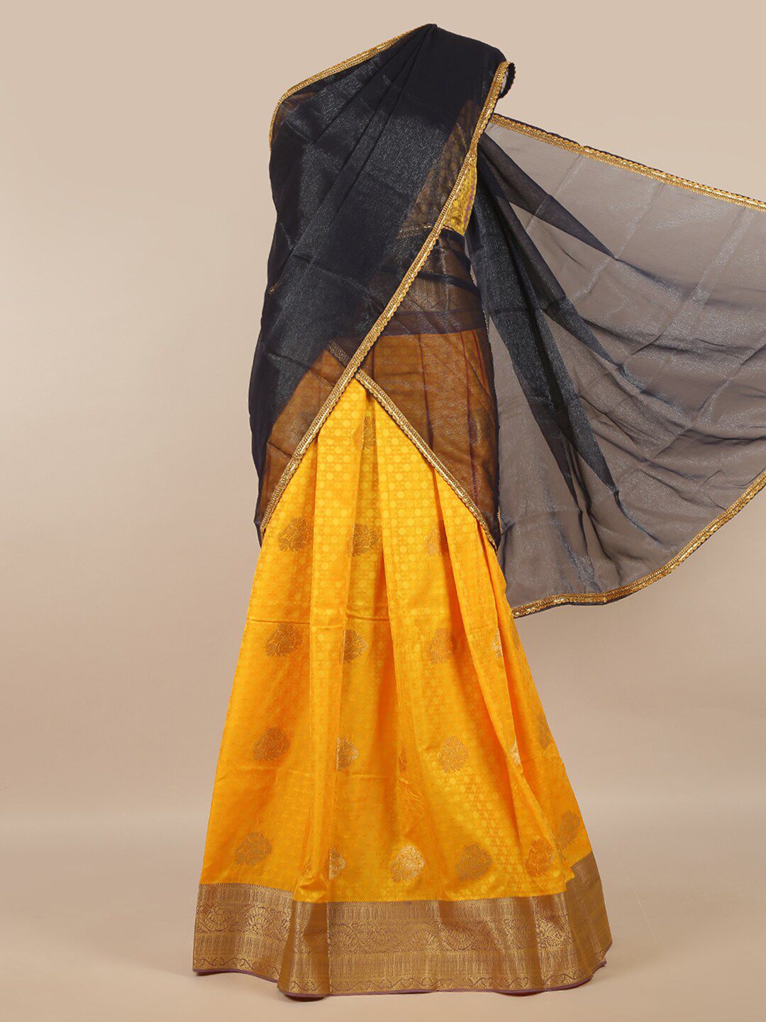 Pothys Navy Blue & Yellow Unstitched Lehenga & Blouse With Dupatta Price in India