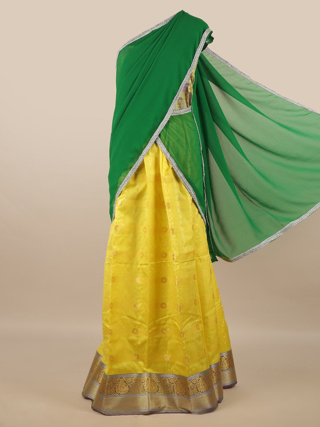 Pothys Green & Yellow Unstitched Lehenga & Blouse With Dupatta Price in India