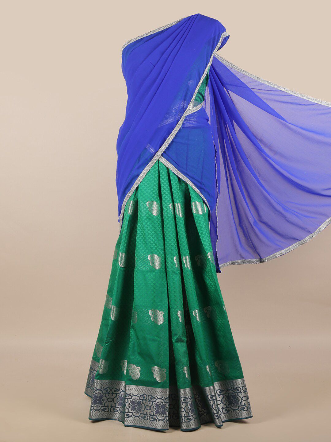 Pothys Blue & Green Unstitched Lehenga & Blouse With Dupatta Price in India