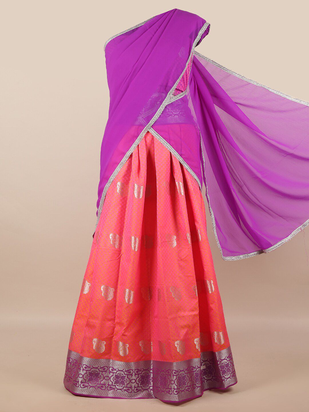 Pothys Purple & Coral Unstitched Lehenga & Blouse With Dupatta Price in India