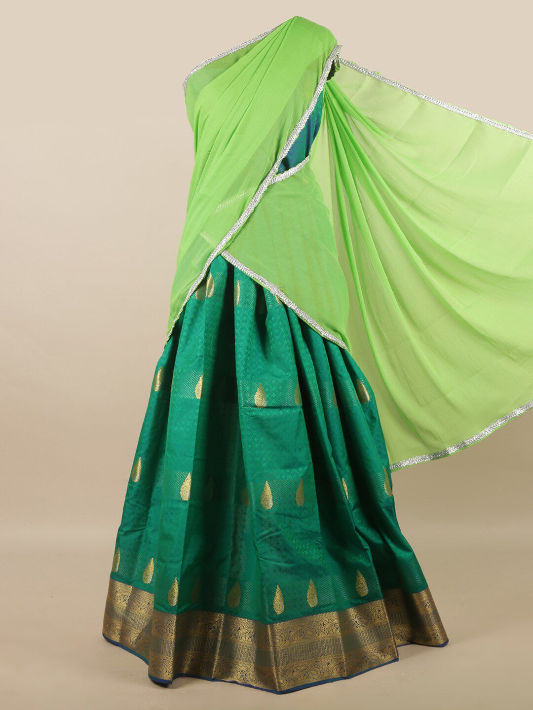 Pothys Green & Silver-Toned Unstitched Lehenga & Blouse With Dupatta Price in India