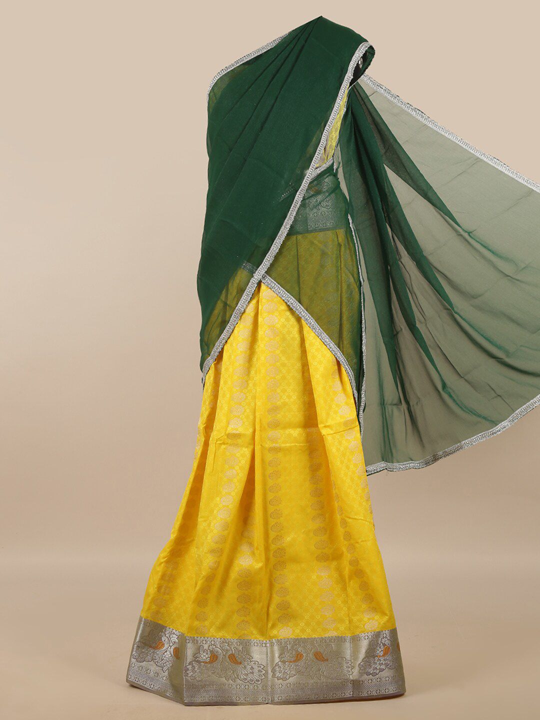 Pothys Green & Yellow Unstitched Lehenga & Blouse With Dupatta Price in India