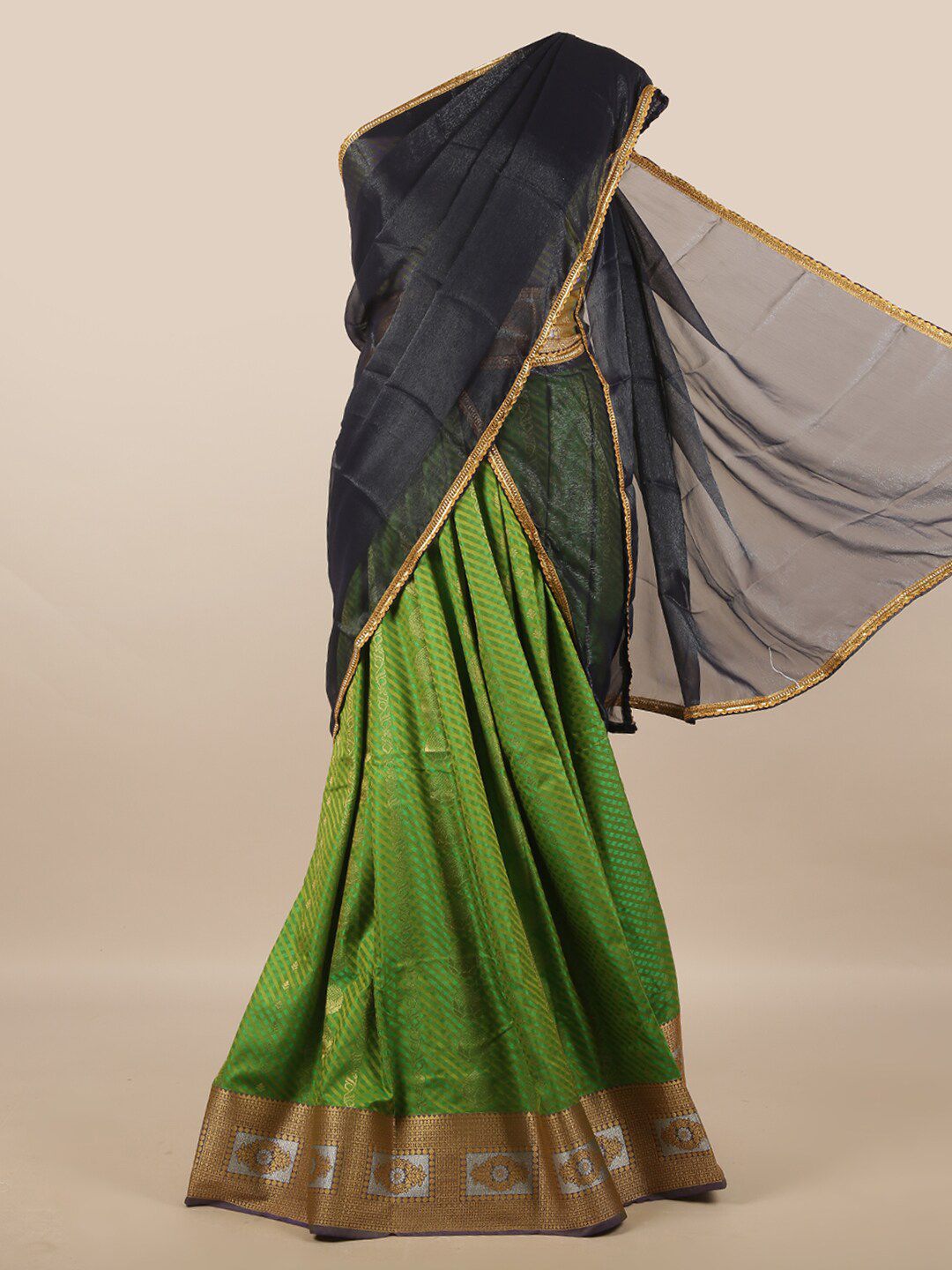 Pothys Navy Blue & Green Unstitched Lehenga & Blouse With Dupatta Price in India