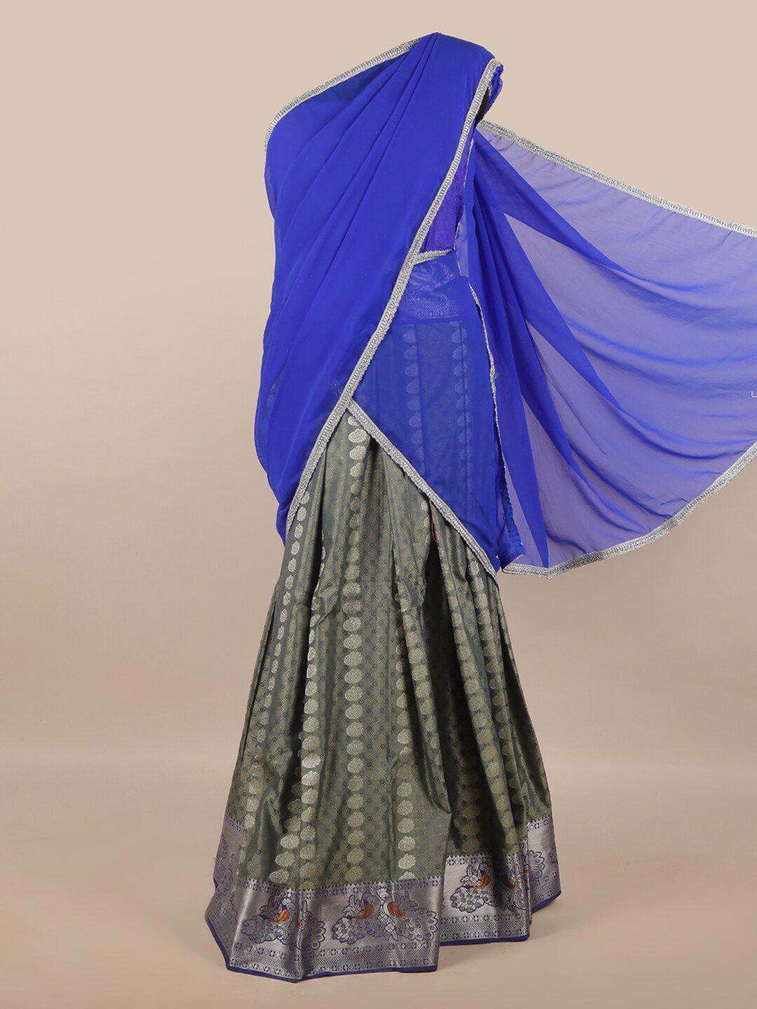 Pothys Blue & Green Unstitched Lehenga & Blouse With Dupatta Price in India