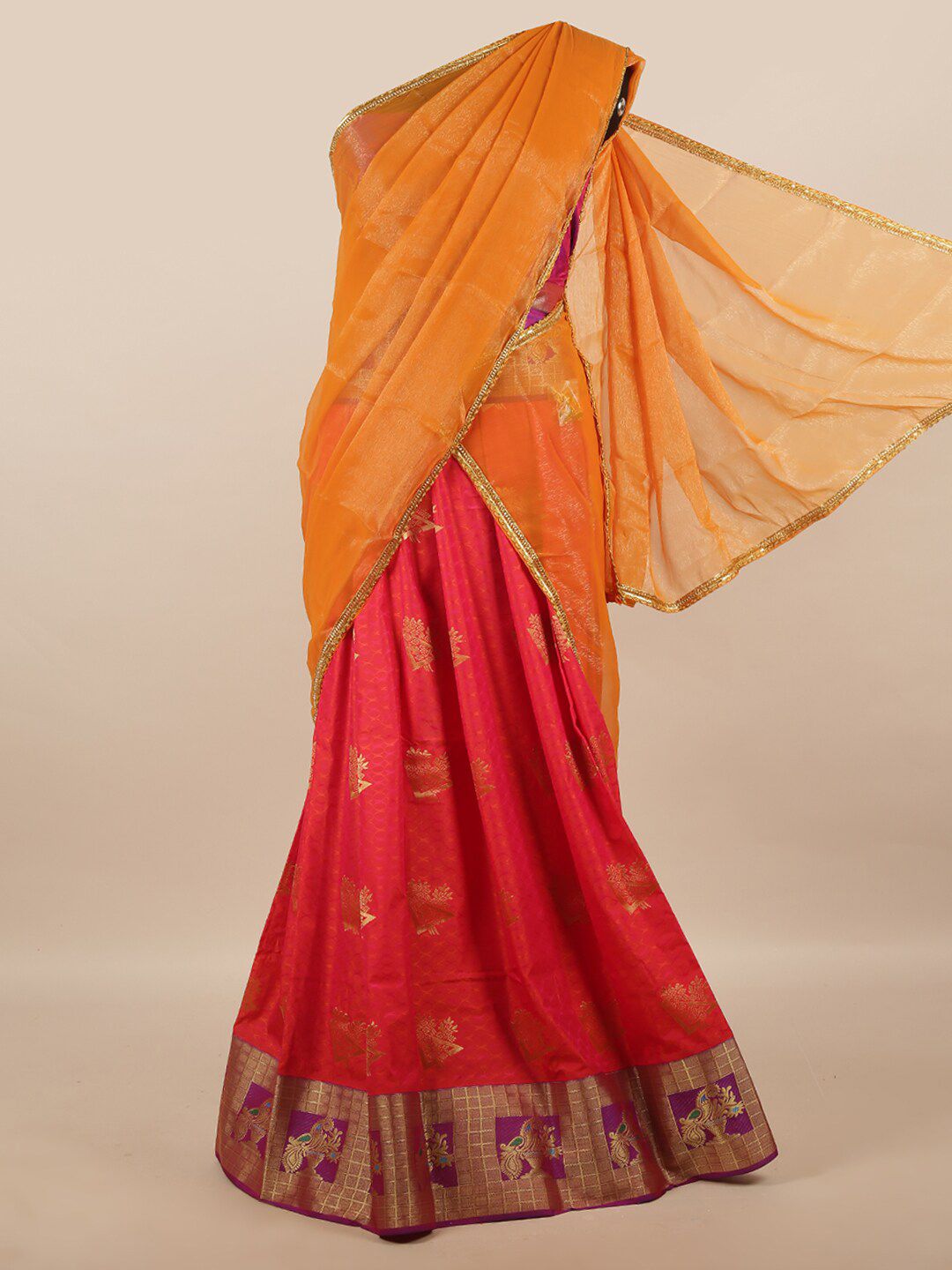 Pothys Orange & Red Unstitched Lehenga & Blouse With Dupatta Price in India