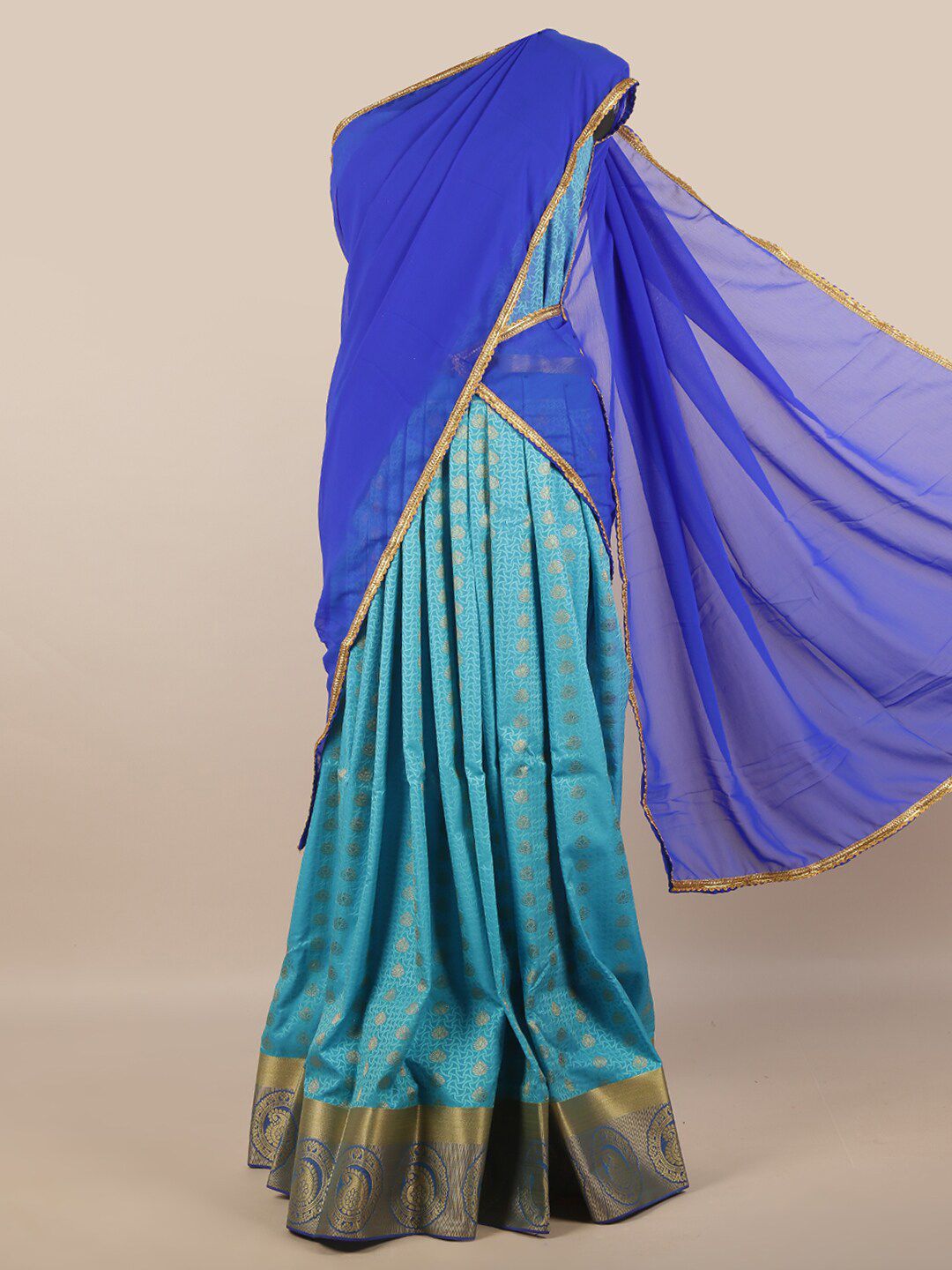 Pothys Blue & Gold-Toned Unstitched Lehenga & Blouse With Dupatta Price in India