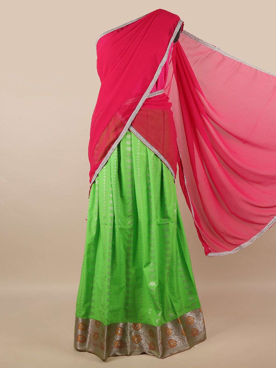 Pothys Pink & Green Unstitched Lehenga & Blouse With Dupatta Price in India